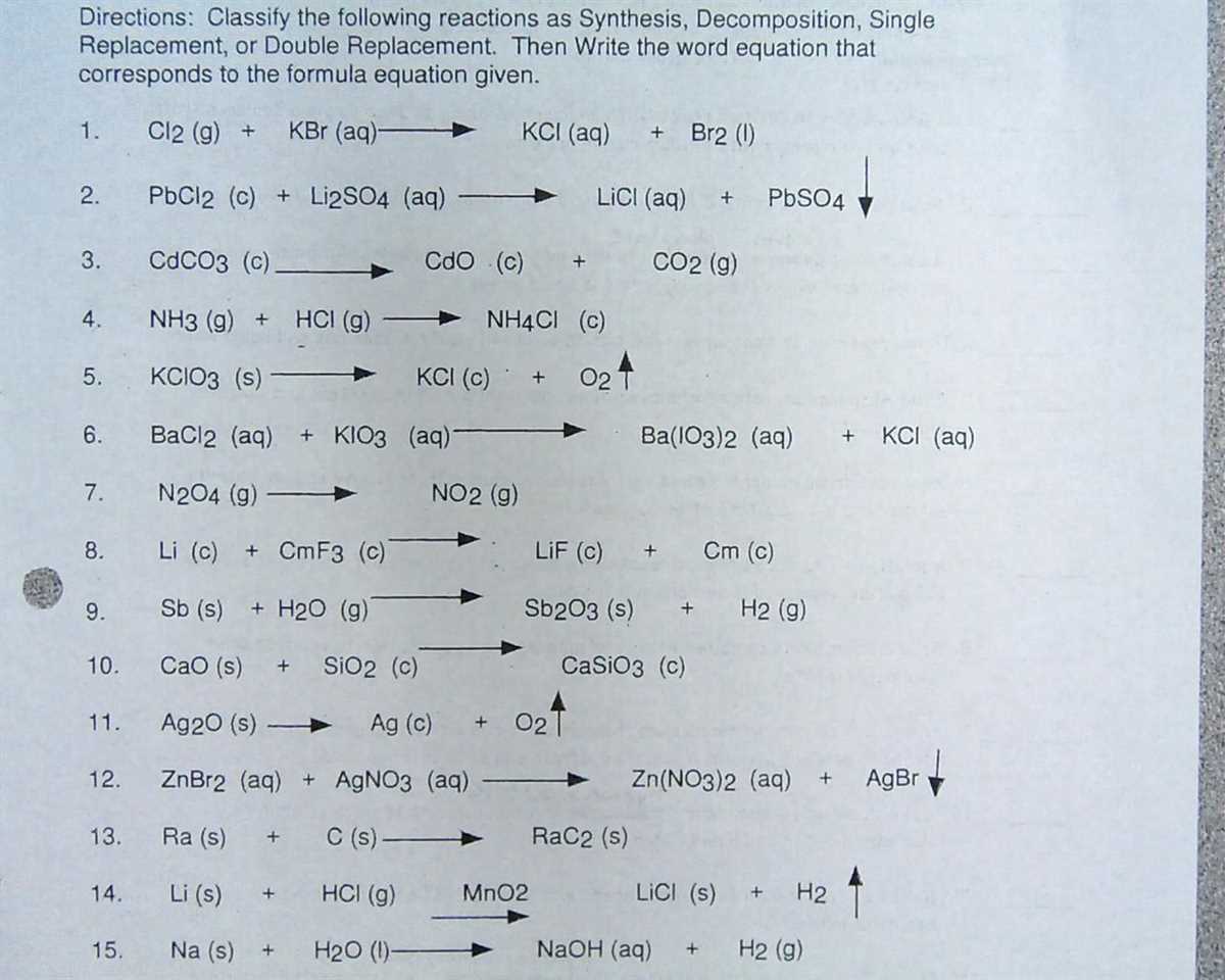 Chapter 7 chemical reactions worksheet answer key