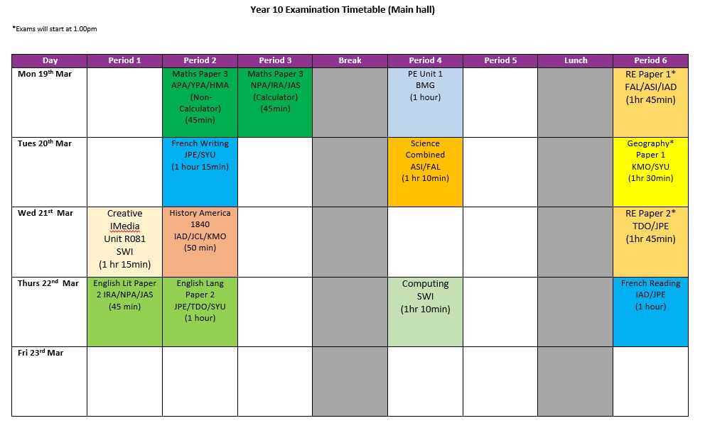Exam schedule for second semester