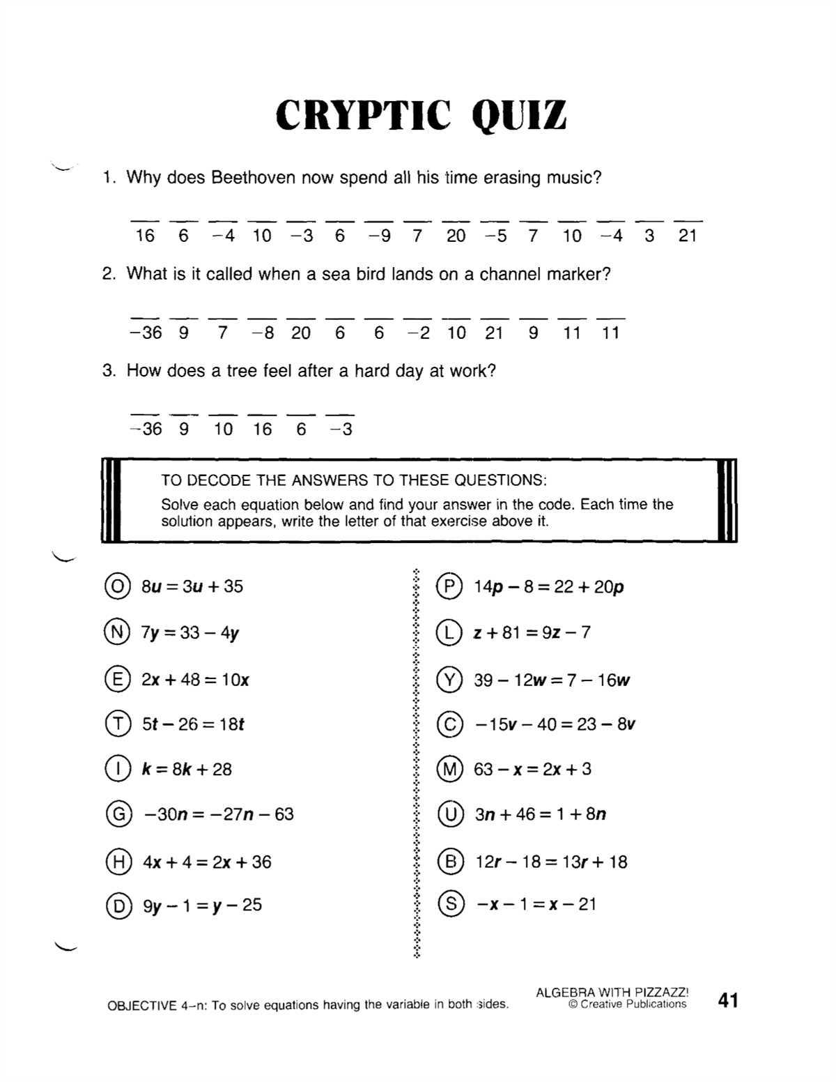Explanation of Pre Algebra with Pizzazz