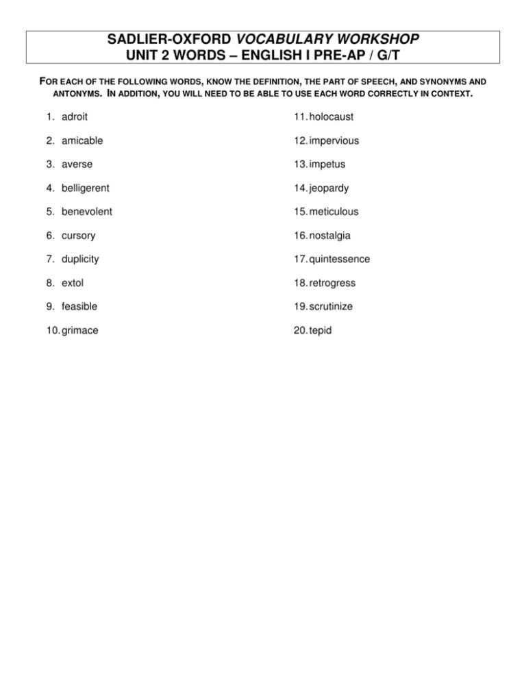 How Sadlier Vocabulary Workshop Unit 2 Answers Improve Academic Performance