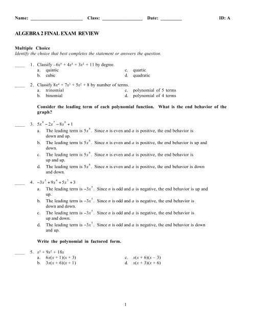 Important Topics to Study for Algebra 1 Final Exam