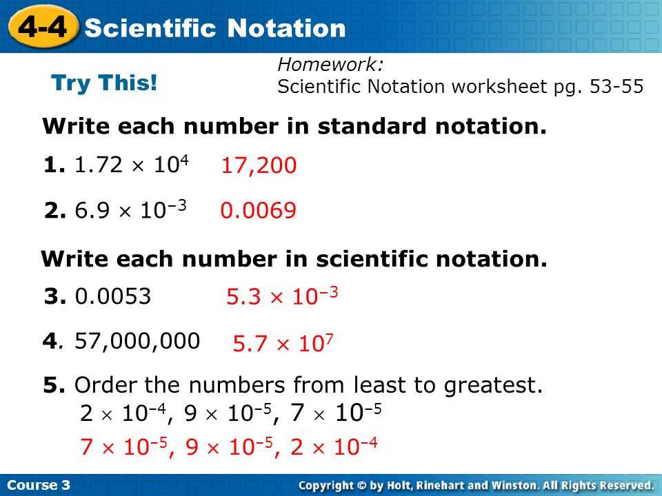 Examples of writing answers in scientific notation