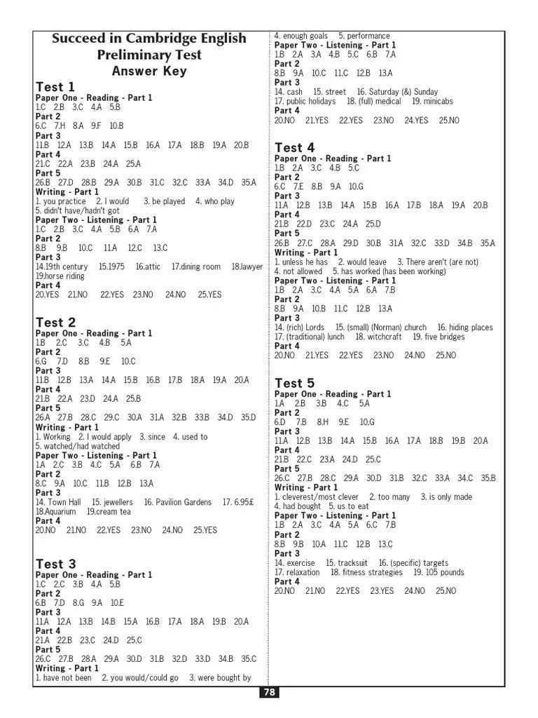 Section 1: Reading Answer Key