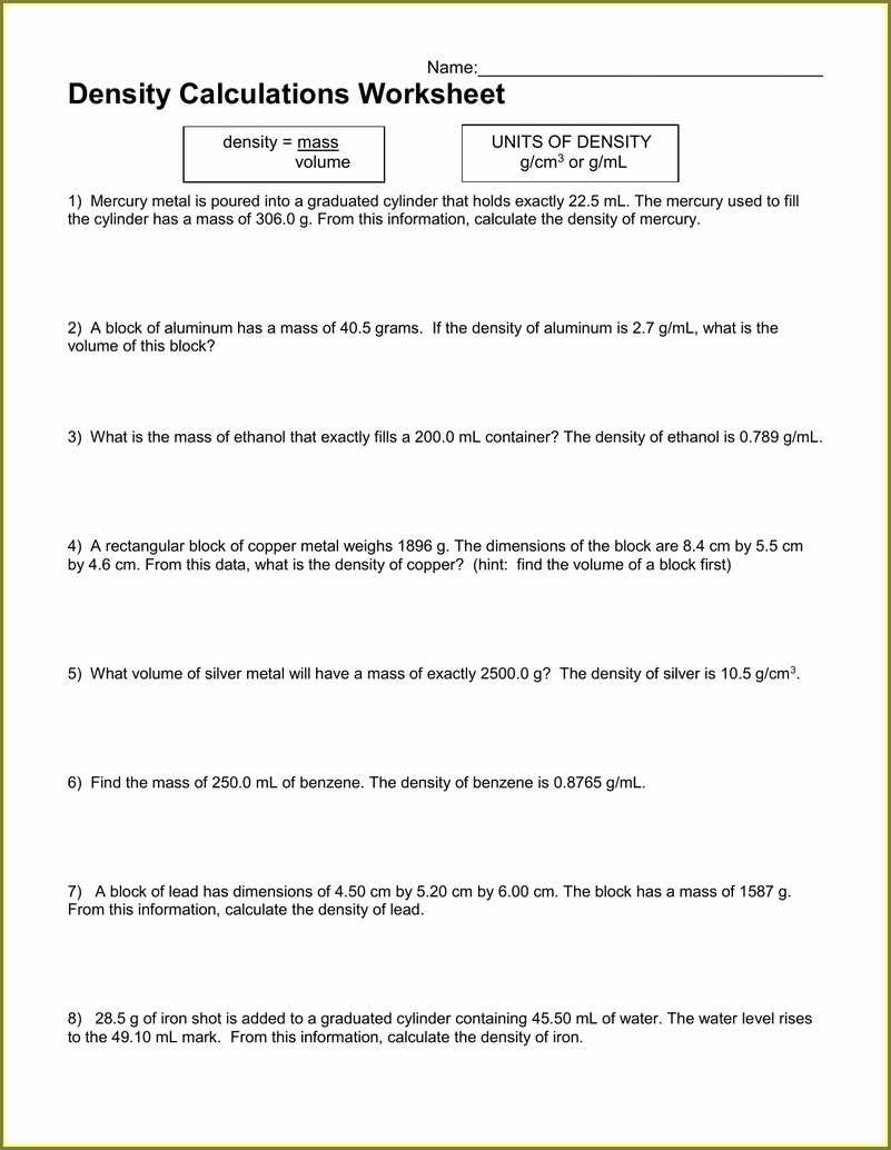 Density Review Worksheet Answer Key