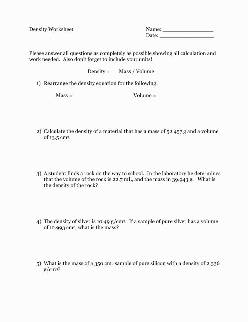 Understanding Volume and Density Worksheet